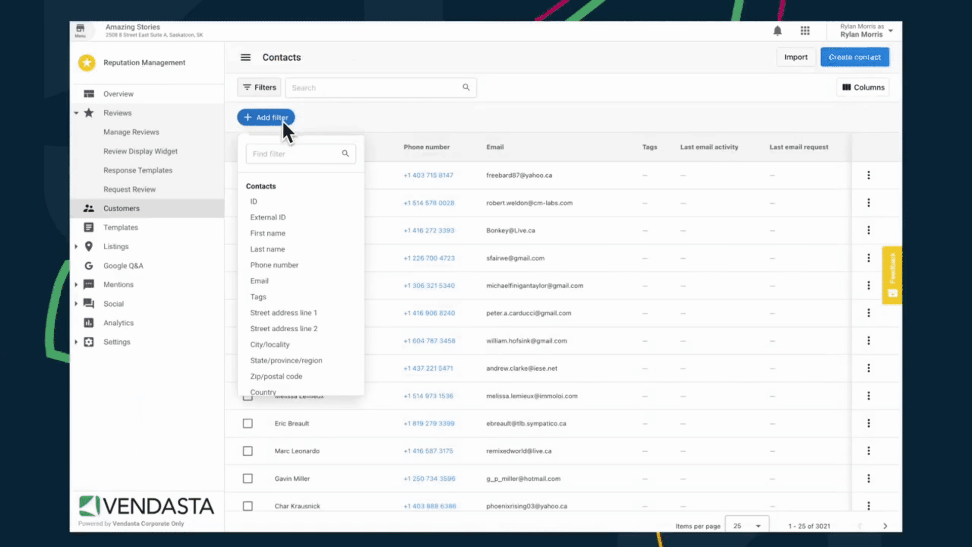 Segmentação de contatos do Reputation Management Premium