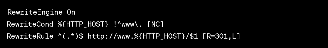 これは、www 以外の URL からのリクエストを Apache サーバー上の www バージョンにリダイレクトする 301 リダイレクト コードです。