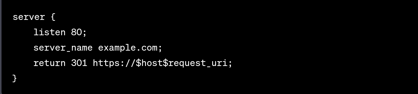 Este es el código de redireccionamiento 301 para redirigir solicitudes HTTP a la versión HTTPS segura en servidores Nginx