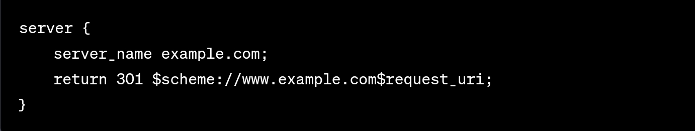 Este es el código de redireccionamiento 301 para redirigir solicitudes desde URL que no son www a la versión www en servidores Nginx.