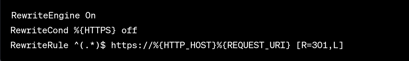 Este es el código de redireccionamiento 301 para redirigir solicitudes HTTP a la versión HTTPS segura en servidores Apache.