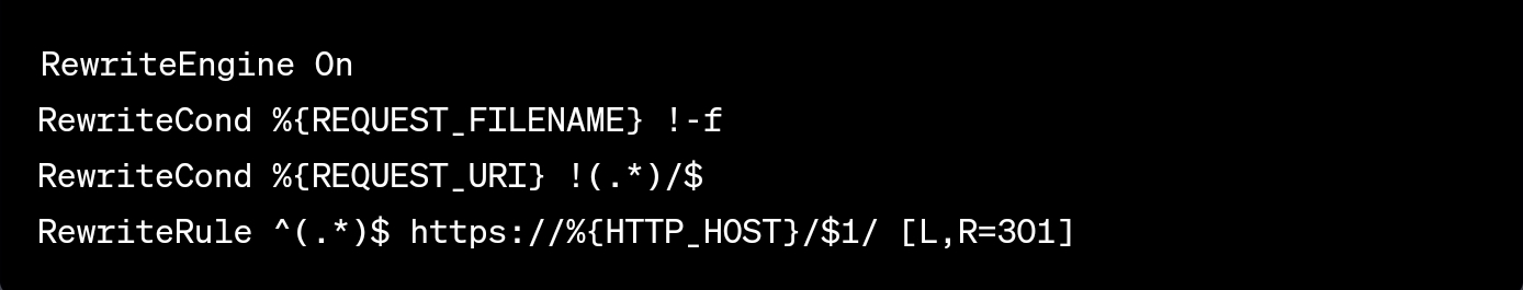 Este es el código de redireccionamiento 301 para agregar una barra diagonal a las URL que no tienen una en los servidores Apache.