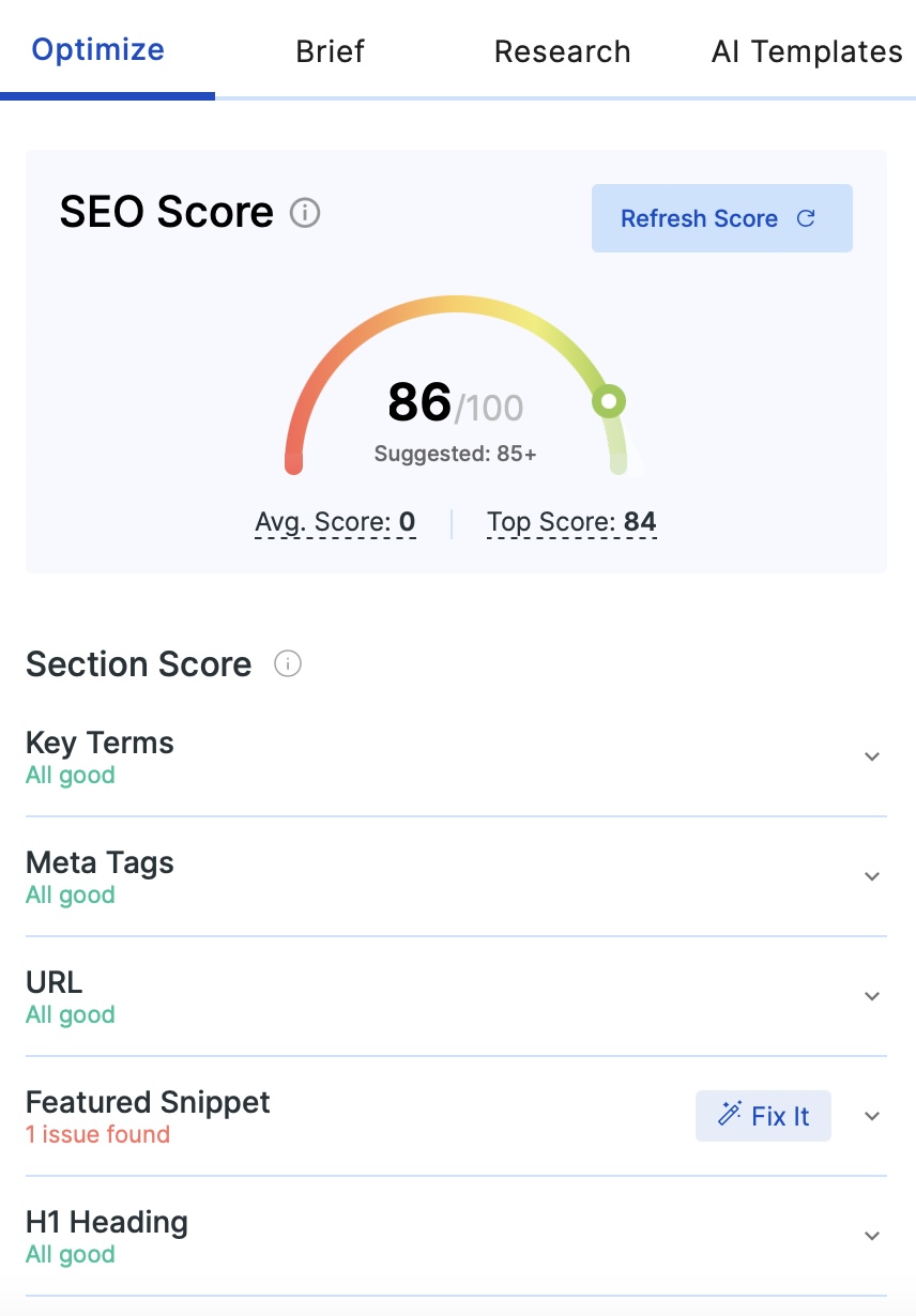 La sezione del punteggio SEO di Scalenut