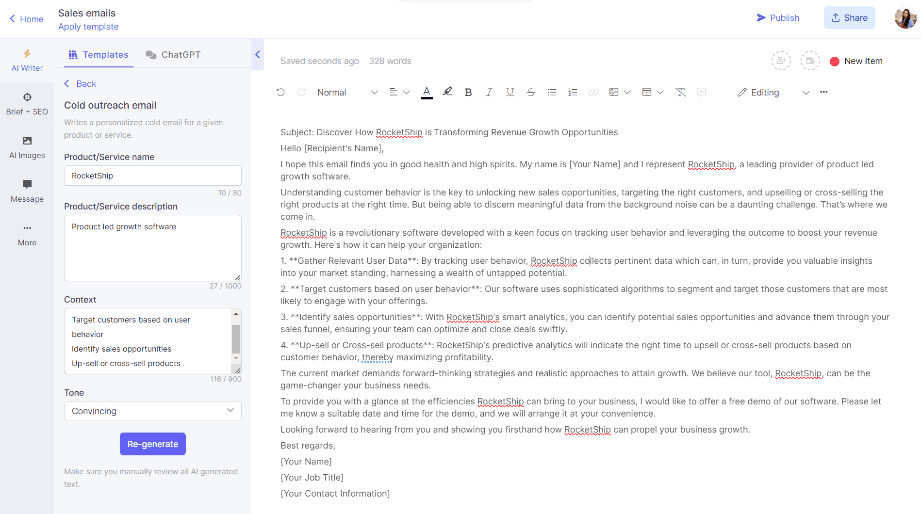 KI-Textgenerator für E-Mails auf Narrato