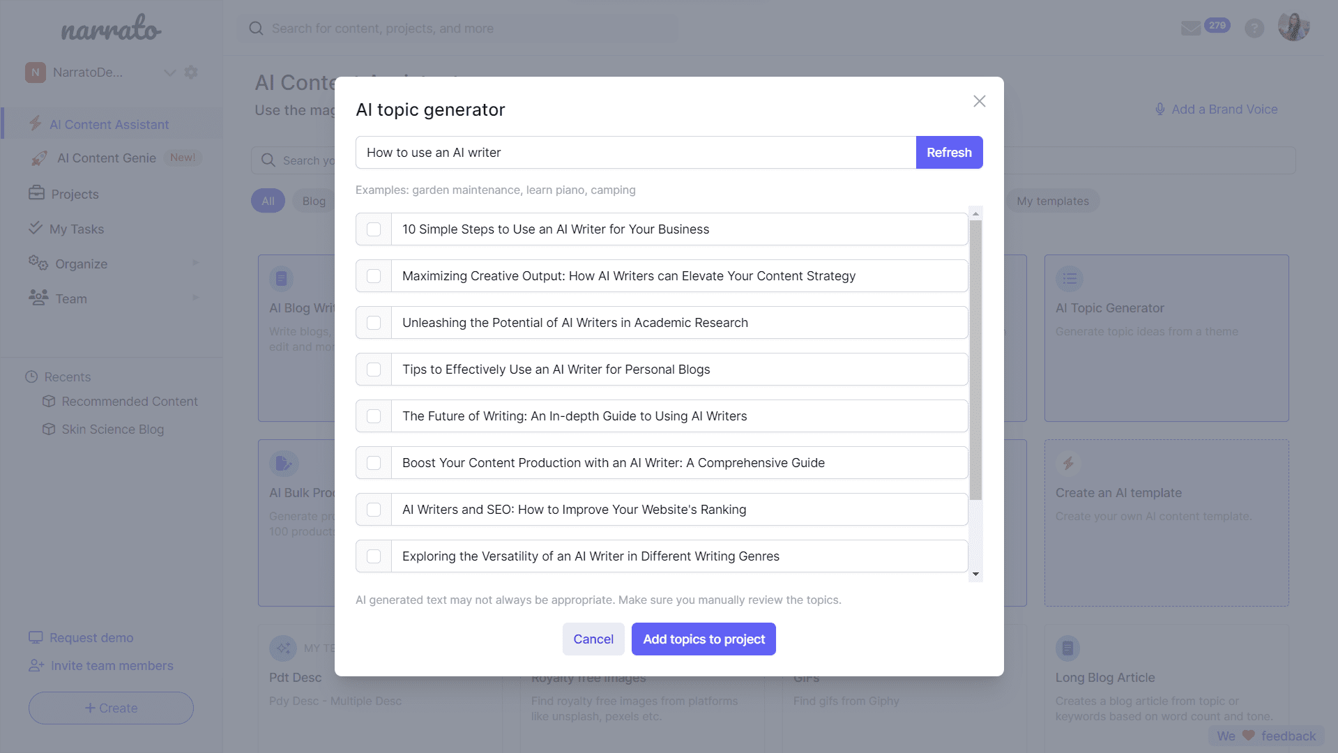 Gerador de texto AI para ideias de conteúdo no Narrato