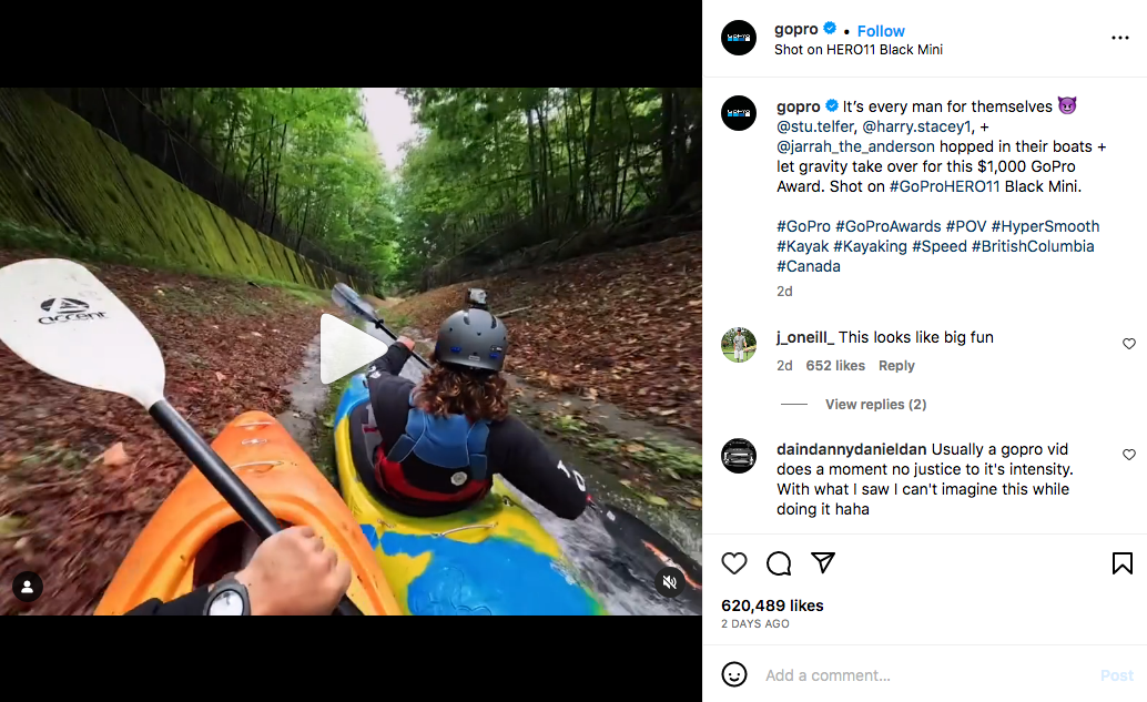 来自 GoPro Instagram 的屏幕截图显示了精心策划且引人注目的客户视频