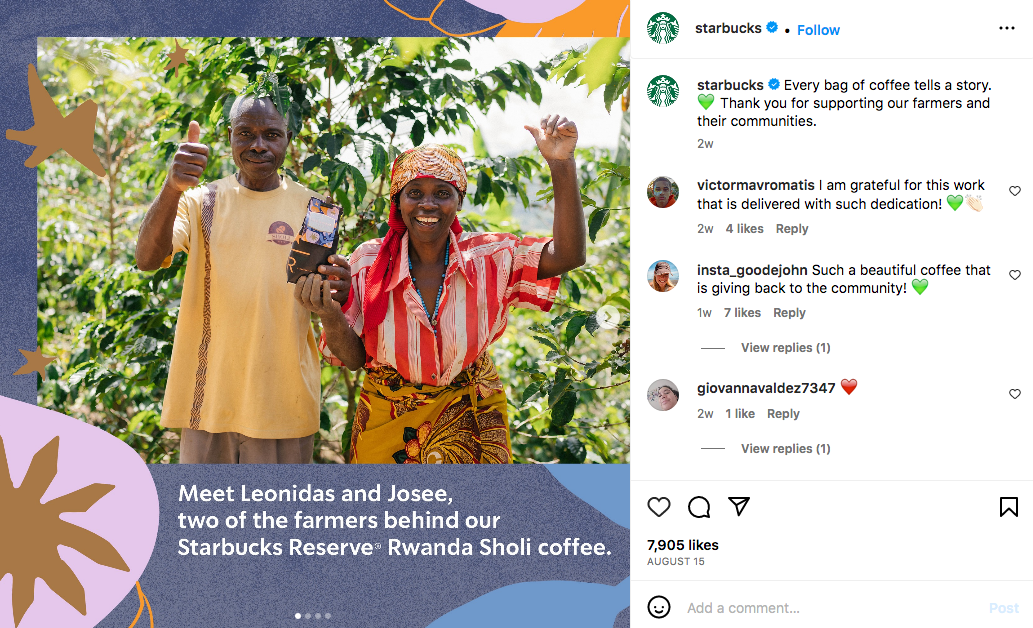 Una publicación de Starbucks en Instagram que muestra fotografías detrás de escena de los agricultores que suministran sus granos de café.