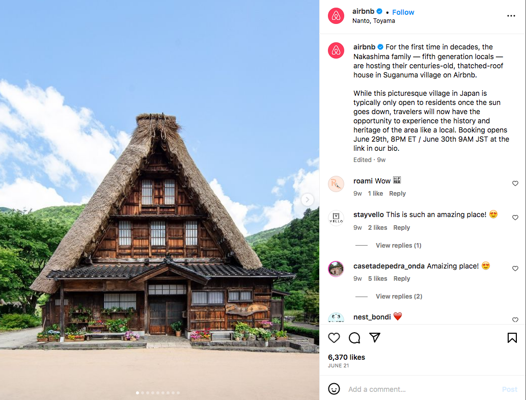 Una publicación de Airbnb en Instagram que muestra una nueva experiencia en Japón