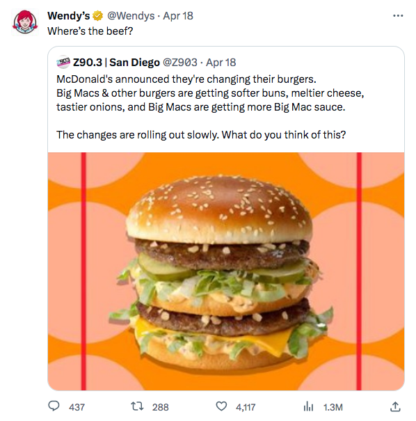 Migawka wpisu Wendy na Twitterze rzucającego przyjazny cień na konkurencyjną firmę McDonald's