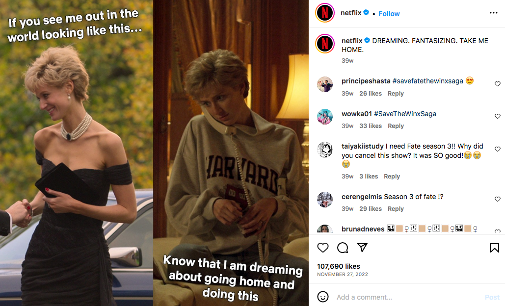 Wpis Netflixa na Instagramie zawierający mem z popularnego serialu Netfliksa