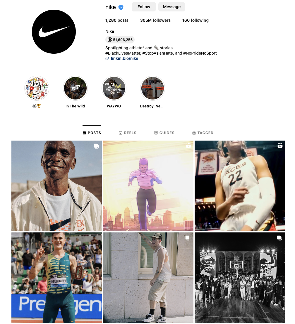 لقطة شاشة لصفحة Nike على Instagram توضح كيفية استخدام القصص الملهمة من الرياضيين للتواصل مع جمهورها