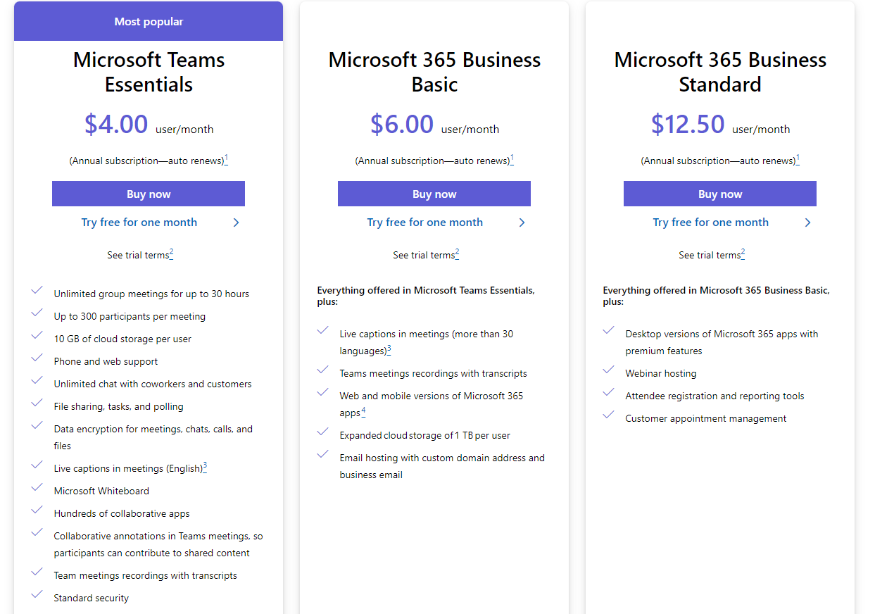 Microsoft Teams の価格レベル