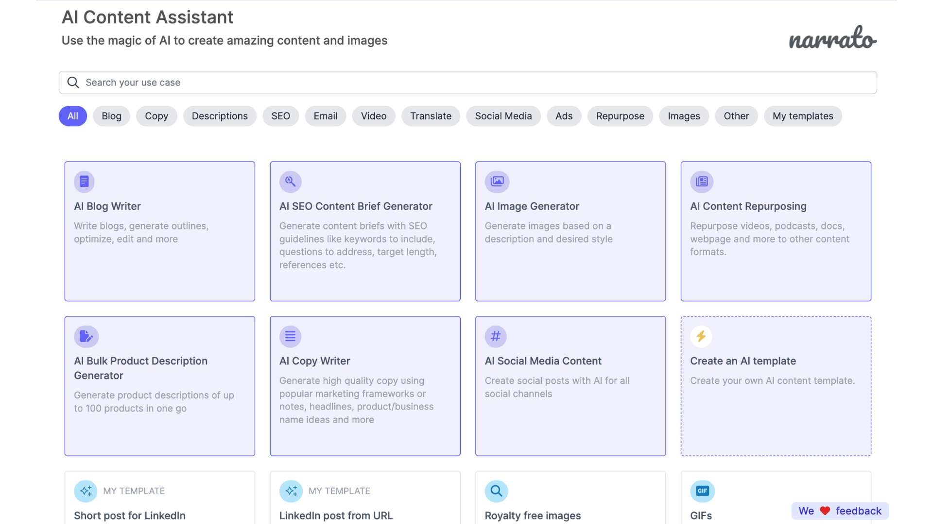 Outils proposés avec l'assistant de contenu AI de Narrato