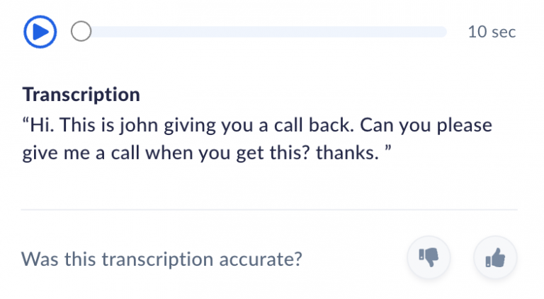 Ejemplo de transcripción de una llamada o correo de voz dentro del software de call center NextivaONE.