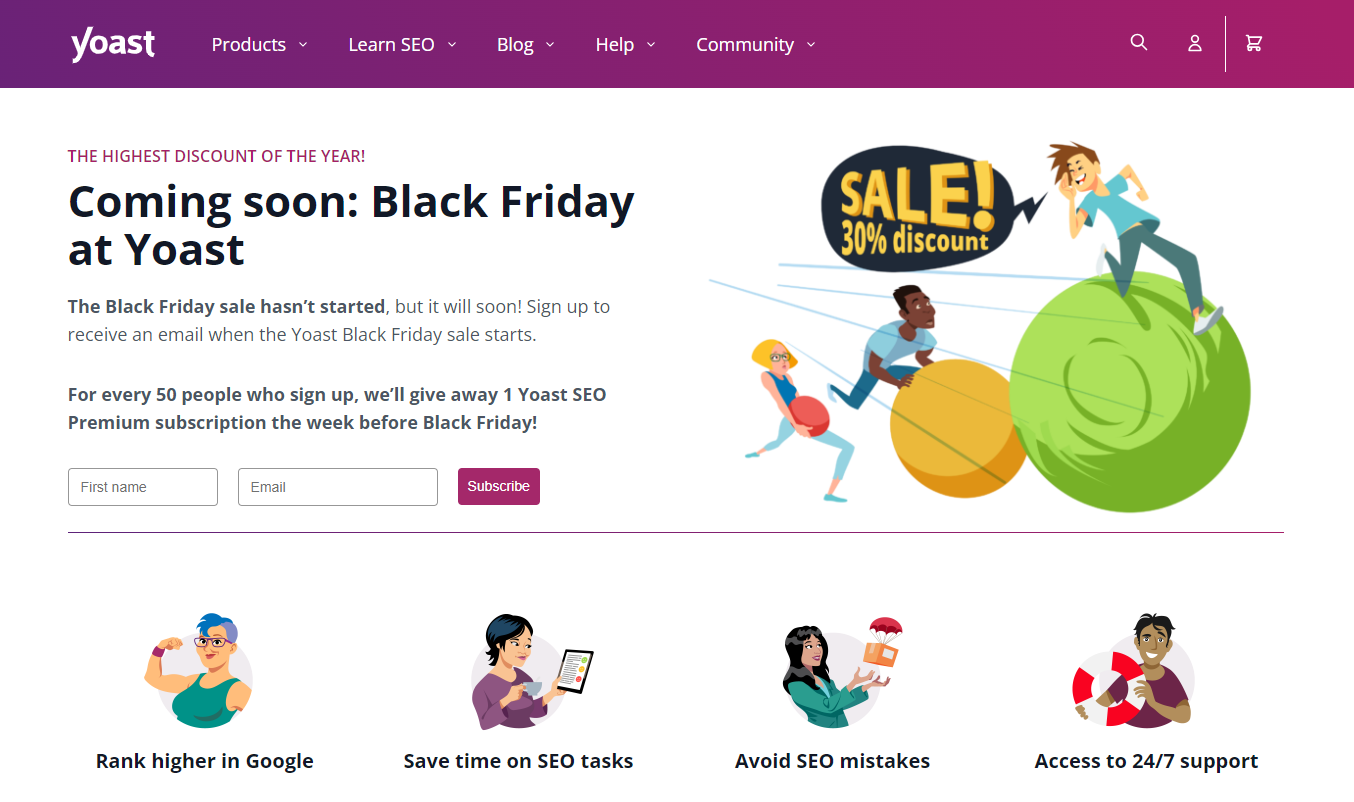 Pagina di destinazione del Black Friday di Yoast