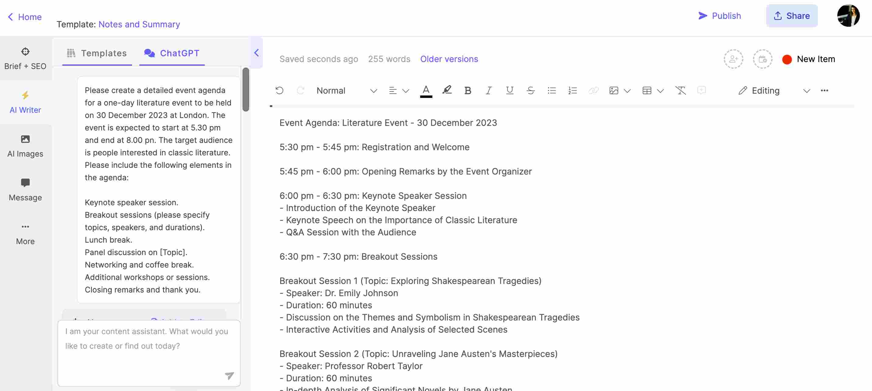 Utilizzo di AI Chat per creare l'agenda degli eventi