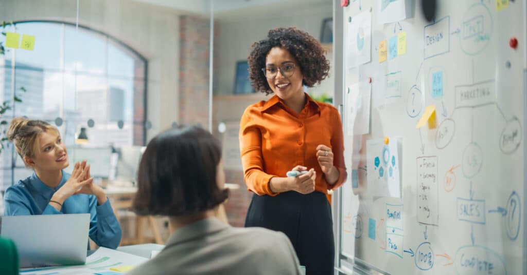 un professionista conduce una riunione di brainstorming su una lavagna illustrando l'idea del ROI dell'automazione del marketing