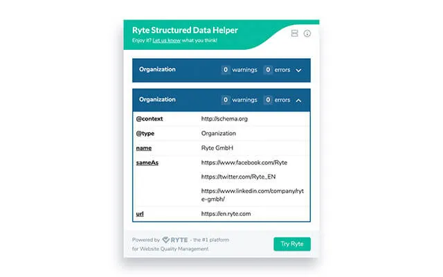 Captură de ecran cu Ryte Structured Data Helper.