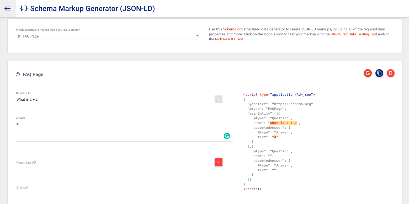 Captură de ecran a Schema Markup Generator.