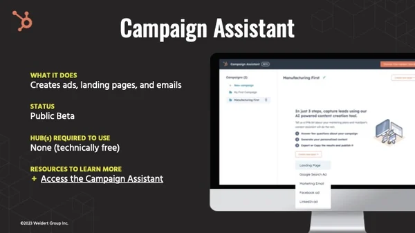 Dettagli dello strumento assistente campagna Hubspot Ai