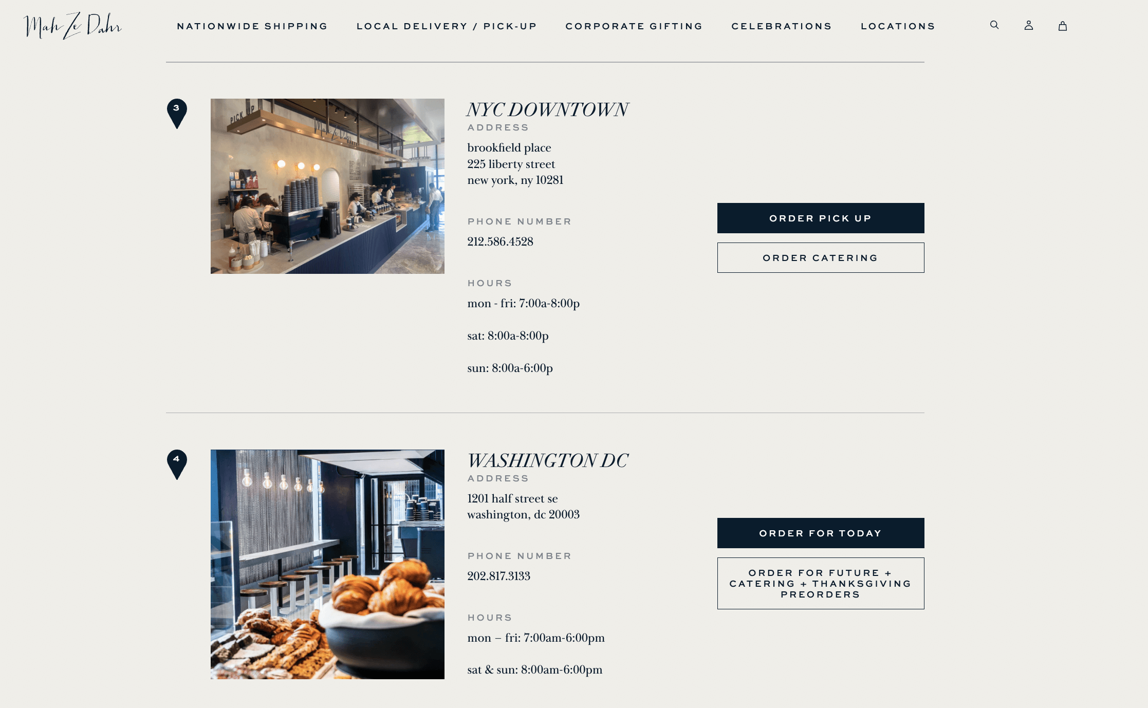 Page de localisation sur le site Web de la boulangerie Mah-Ze-Dahr.