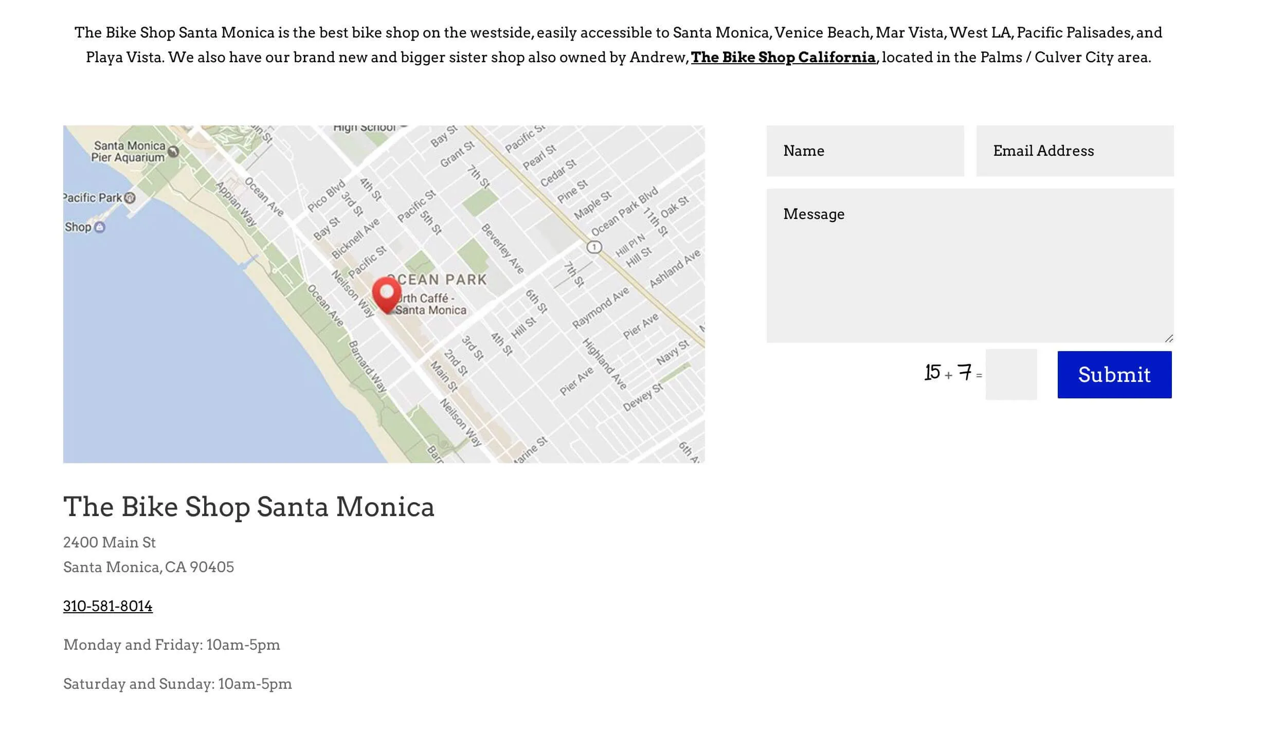La página de ubicación de Bike Shop Santa Mónica que muestra el mapa y la dirección.