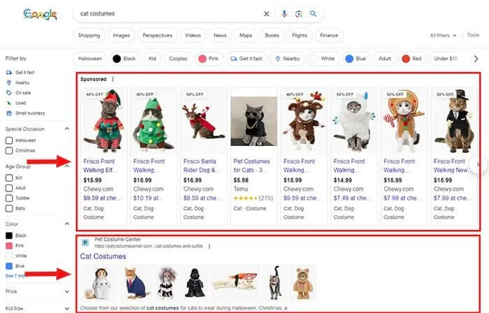 Página de resultados do Google para fantasias de gatos destacando listagens pagas e orgânicas.