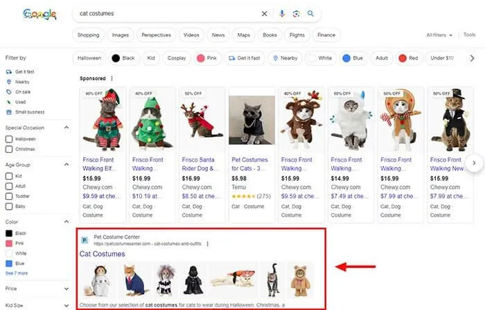 Página de resultados do Google com listagens orgânicas de fantasias de gatos em destaque.