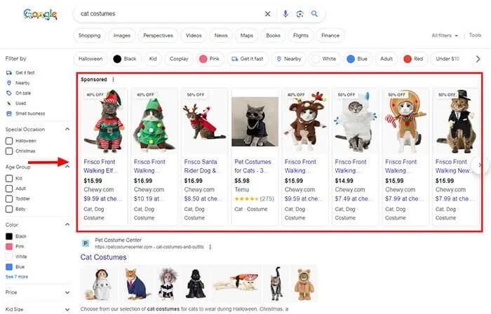 Kedi kostümleri için ücretli listeyi vurgulayan Google sonuçlar sayfası.