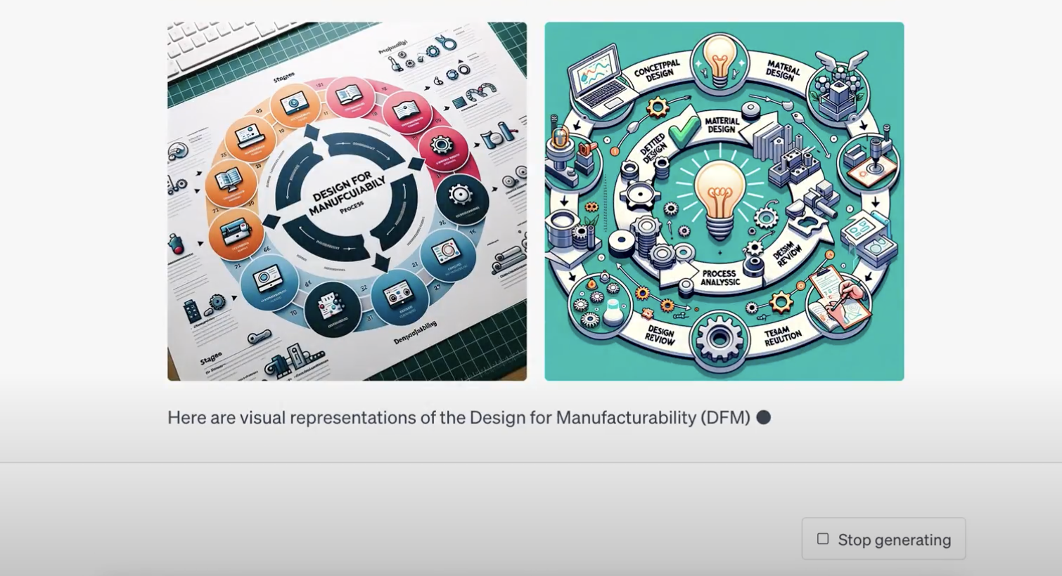 Deux versions de l'art lorsque DALL-E 3 a été invité à créer une représentation visuelle de Design For Manufacturability.