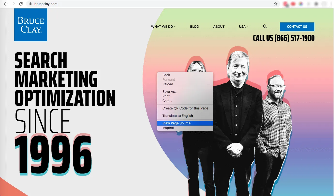 Captura de tela de “visualizar código-fonte da página” em BruceClay.com.