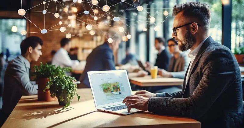 Homem atualizando site em um laptop em um escritório.