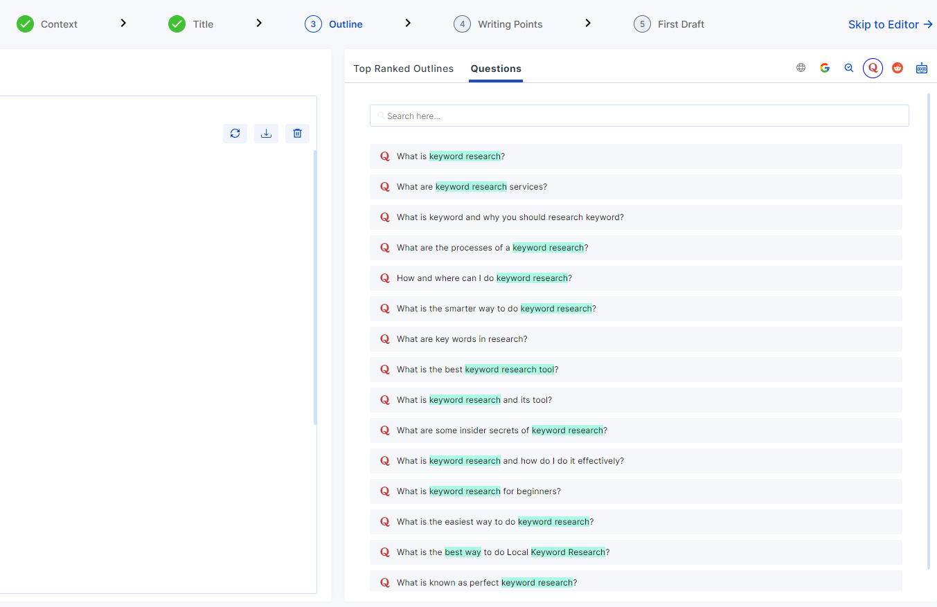 Strumento di scrittura di contenuti Scalenut: generatore di domande in modalità crociera