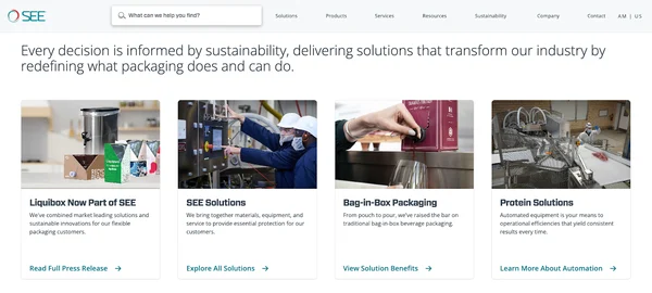captura de pantalla de la página de inicio de SEE que muestra algunas de sus soluciones de embalaje