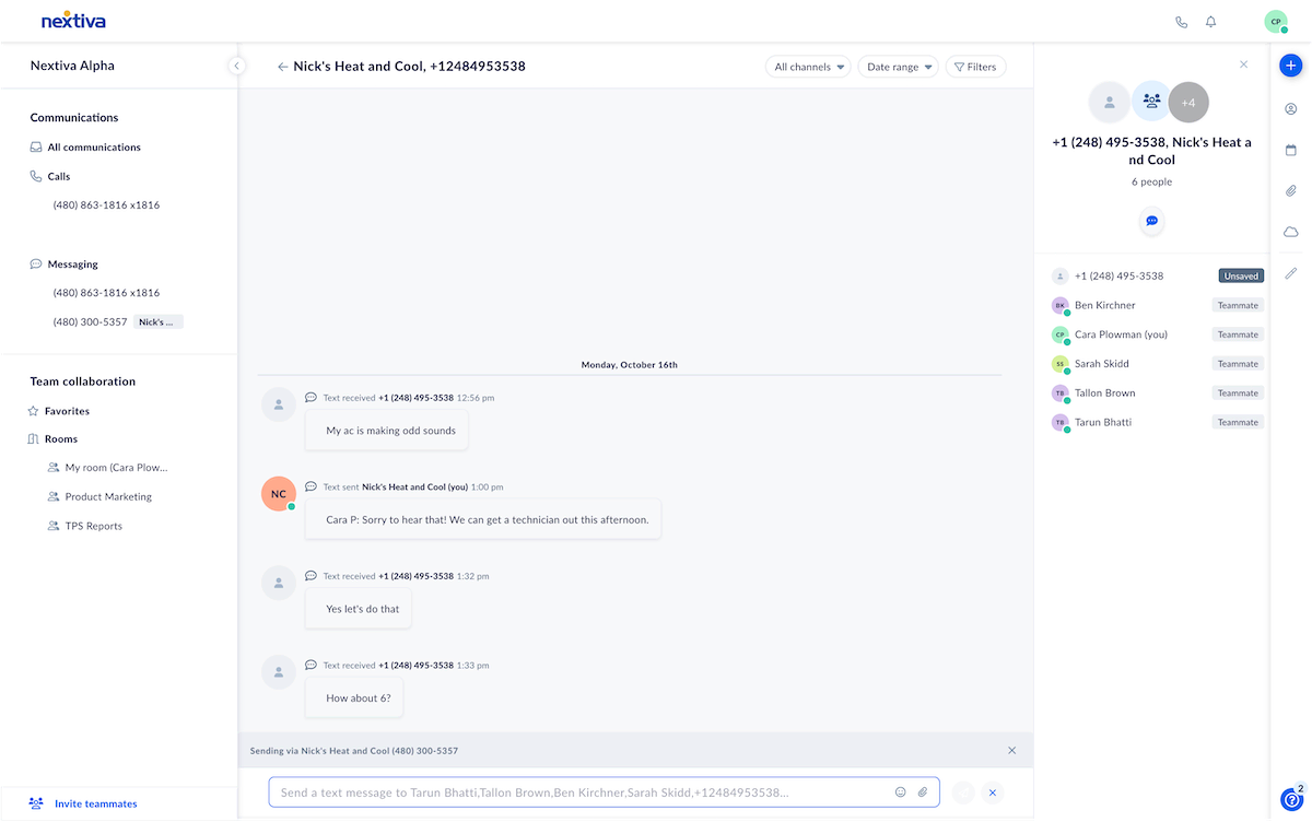 Envía y recibe mensajes de texto de Nextiva con tu equipo.