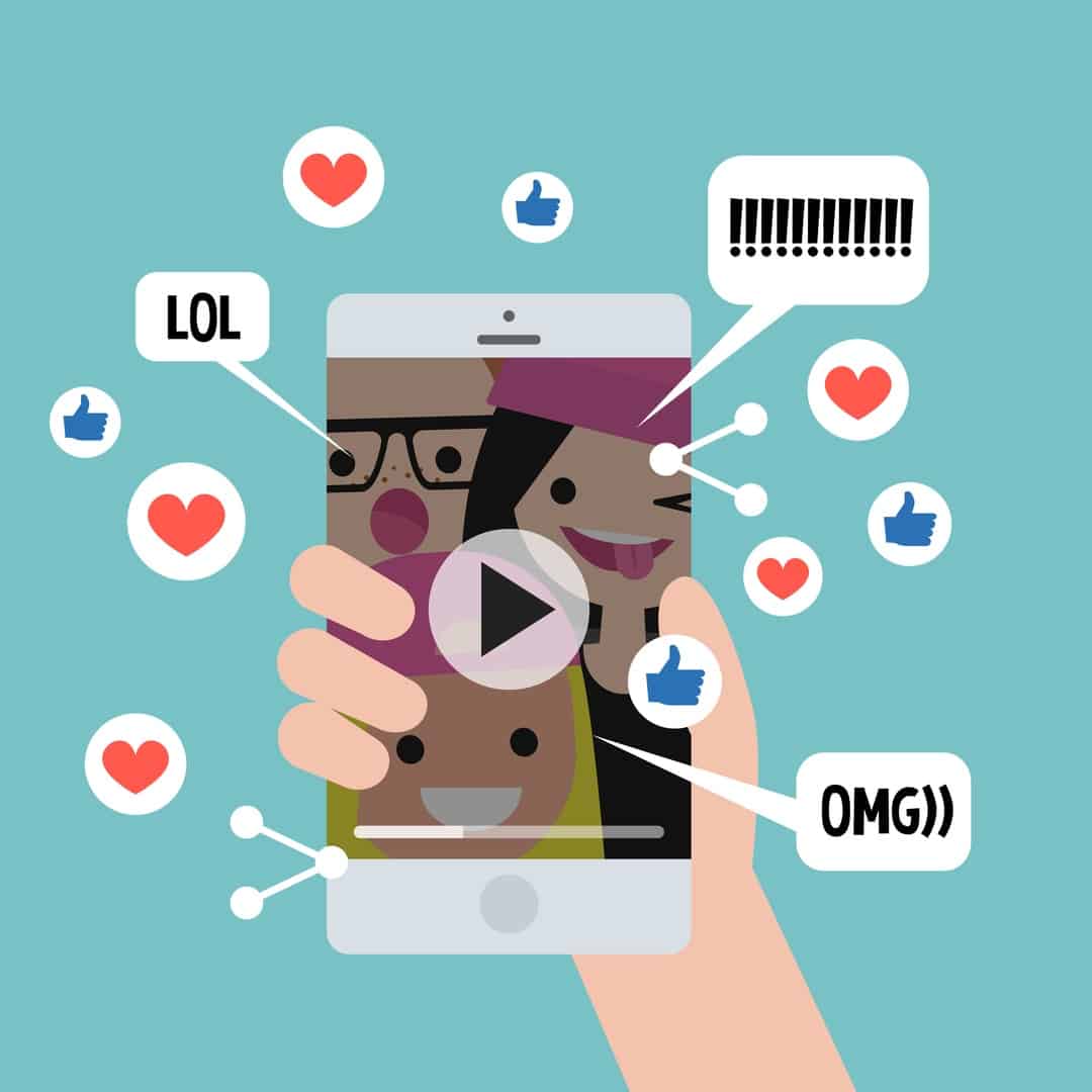 Illustration conceptuelle du contenu viral. Des likes, des partages et des commentaires apparaissent sur l'écran du mobile. Contenu vidéo pour les millennials. Illustration vectorielle modifiable à plat, clipart