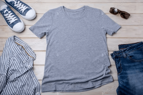 Maqueta de camiseta gris con zapatillas deportivas