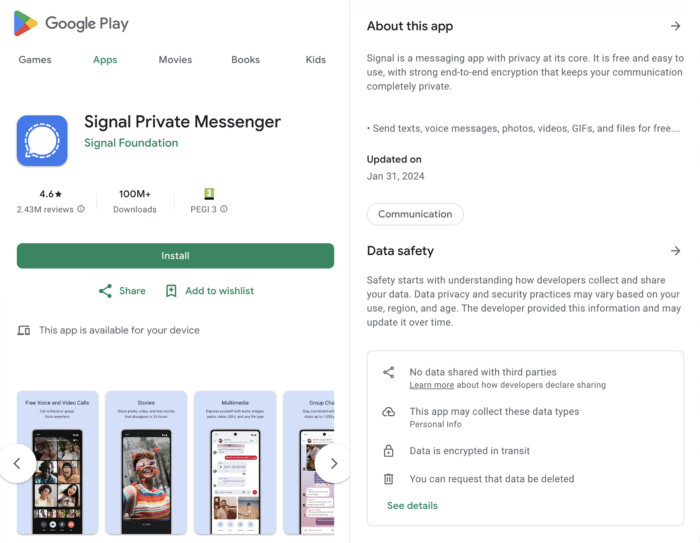 Lista aplikacji Signal w Google Play