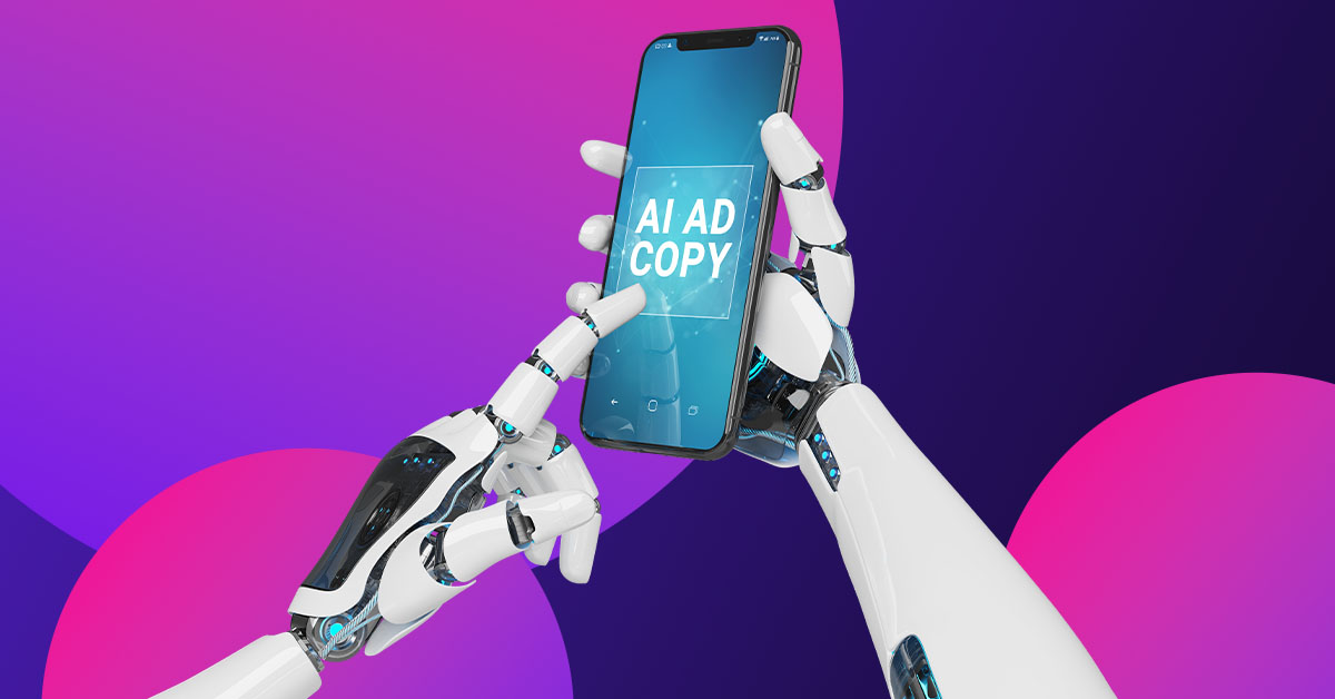 robot trzymający telefon z napisem „AI” jako tekst reklamy