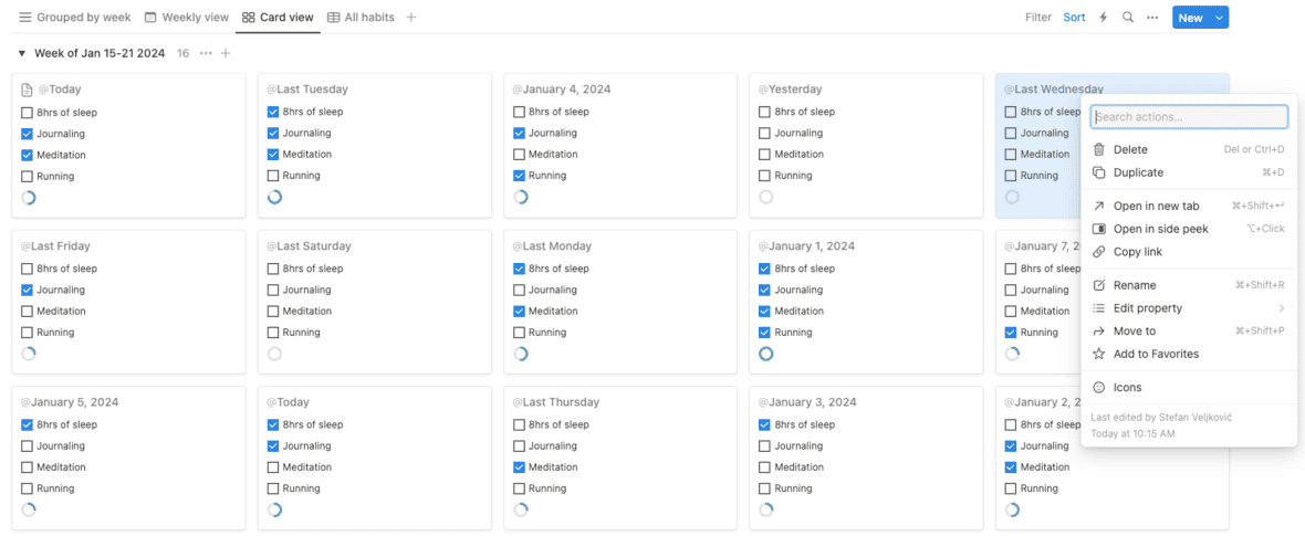 Tampilan kartu di template Habit Tracker Notion