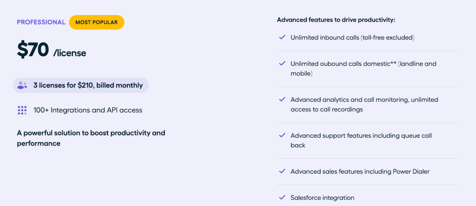 Aircall 가격 - 가장 인기 있는 플랜은 라이센스당 $70의 Professional입니다.