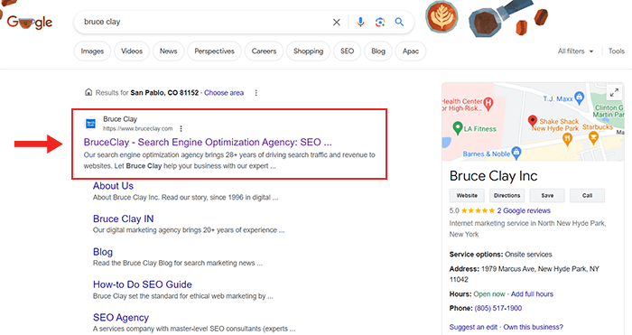 Auflistung der Google-Suchergebnisse für die Startseite von BruceClay.com, einschließlich Titel und Beschreibung.