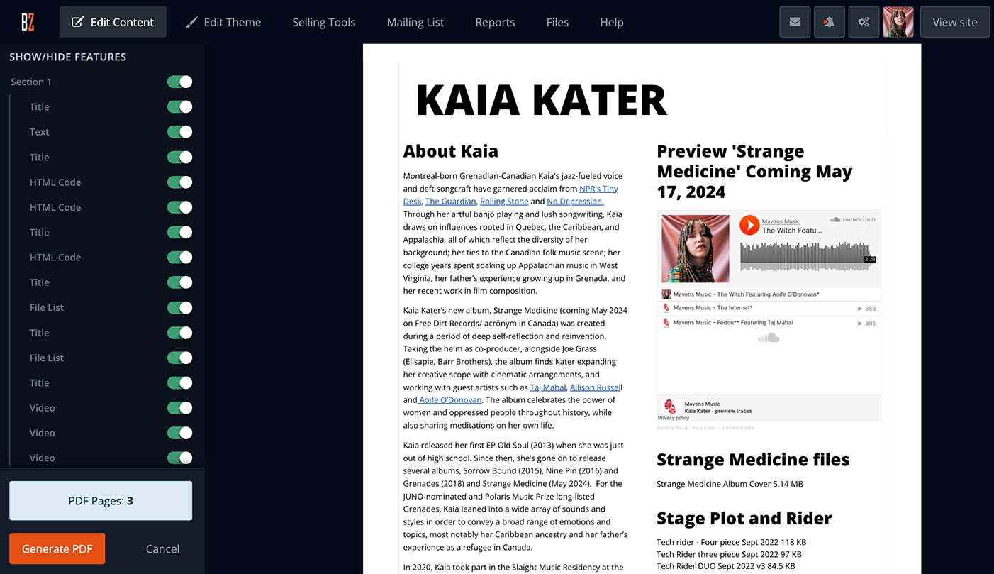 Bandzoogle verfügt über neue Exportoptionen für PDF-Seiten. Screenshot eines EPK-Exports von der Website von Kaia Kater.