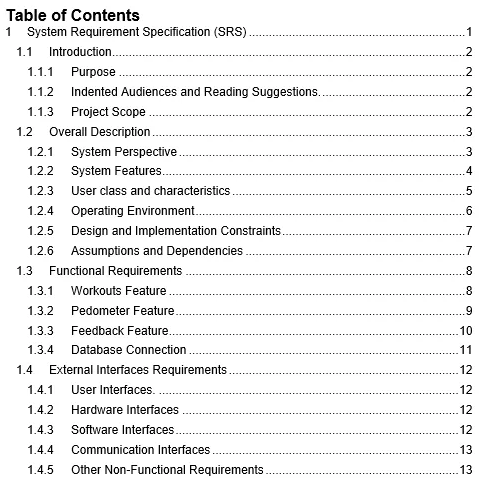 システム要件仕様の目次の例