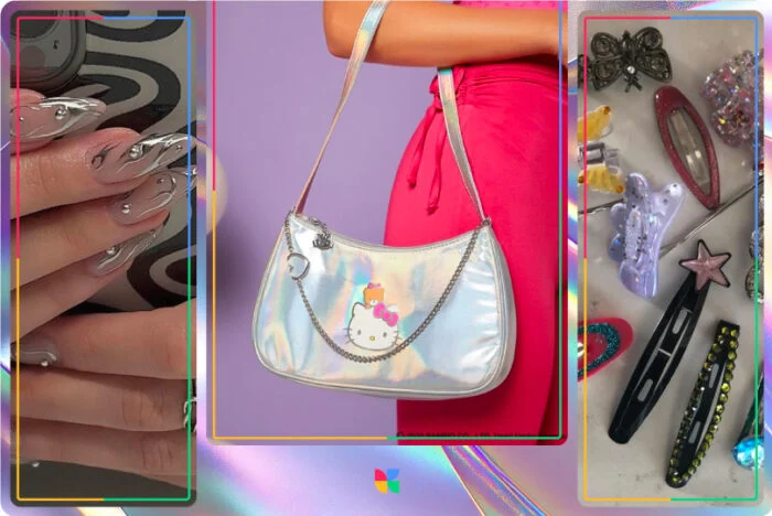 Instagram のサイバー Y2k の美的詳細: ネイル、バッグ、アクセサリー。