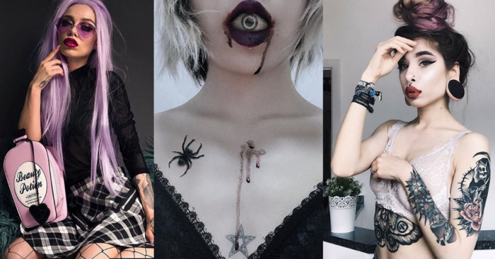 estetika gadis gothic, tato, lubang telinga.