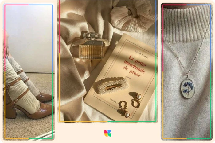 detail gadis estetika akademisi ringan, sepatu hak, parfum, aksesoris