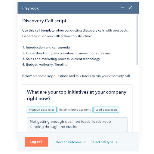 Estratto del playbook delle vendite di Hubspot che mostra lo script della chiamata di vendita per la scoperta