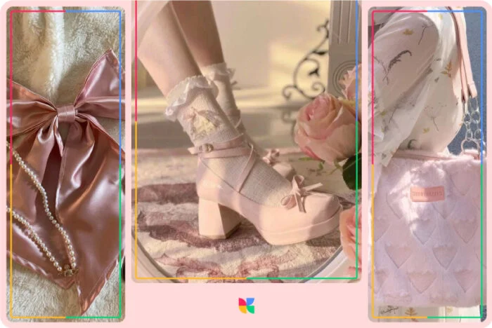 Detalles de estilo estético de niña suave: bolso de hombro rosa, tacones y lazo.