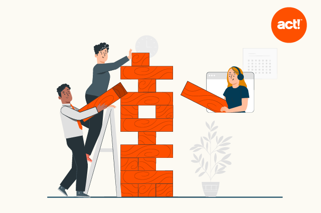 una ilustración de 3 personas construyendo una gran torre jenga